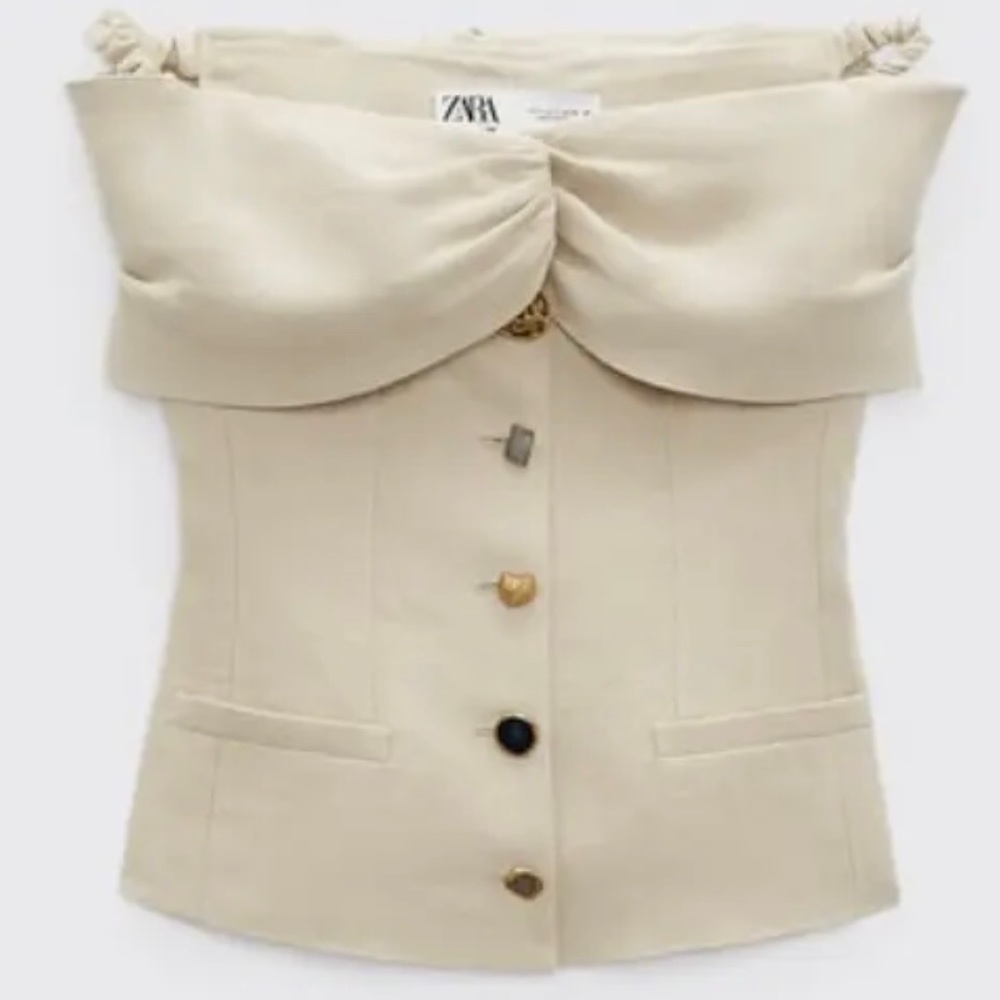 NWT Zara linen off shoulder blazer top stunning each button is different Size L